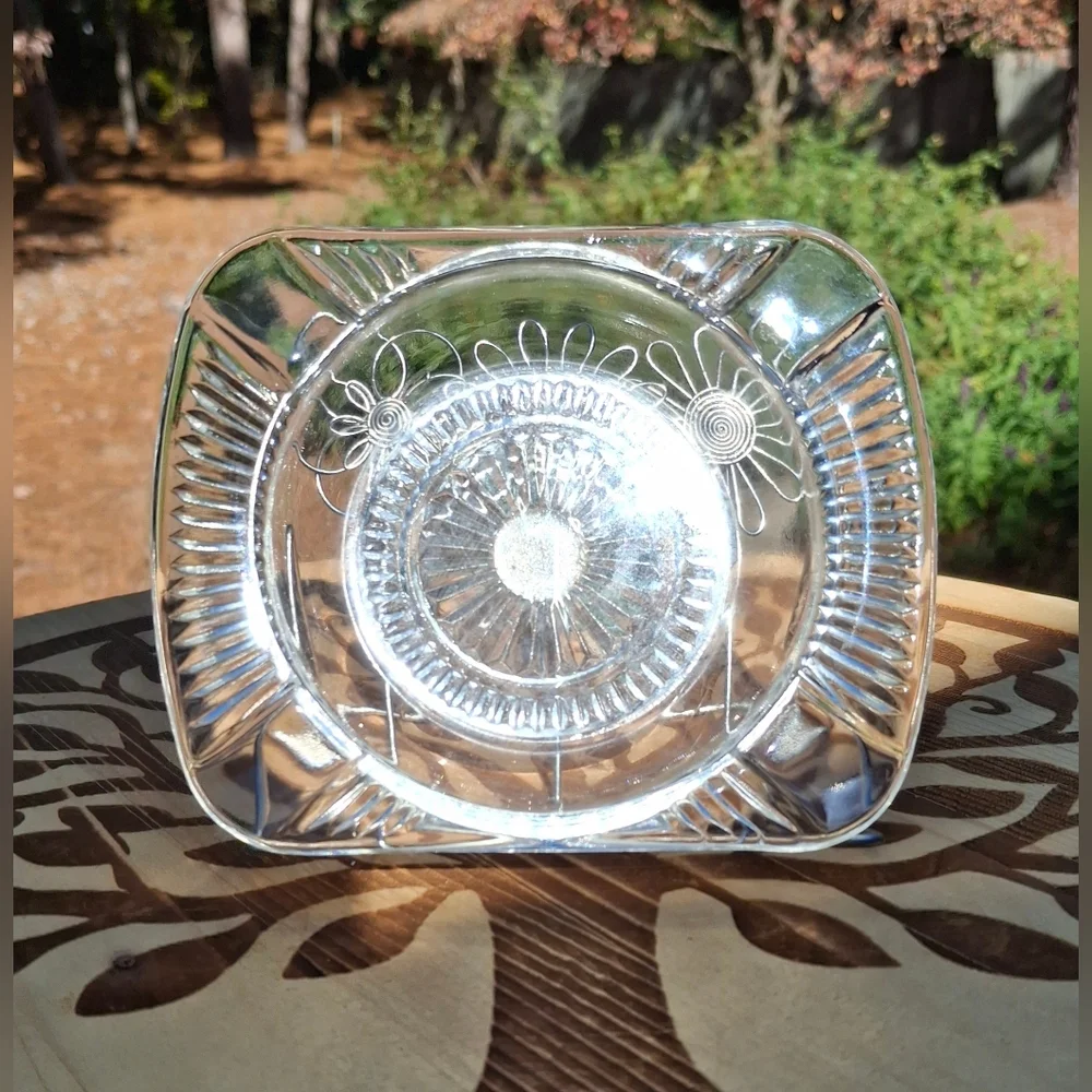 Vintage Clear Cut Glass Starburst Rectangular Ashtray Trinket Dish Candle Tray